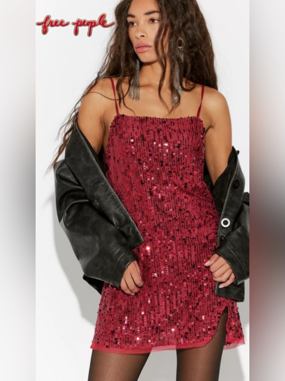 🆕 Free People Midnight Kiss Sequin Mini Slip Dress Medium Cherry Red